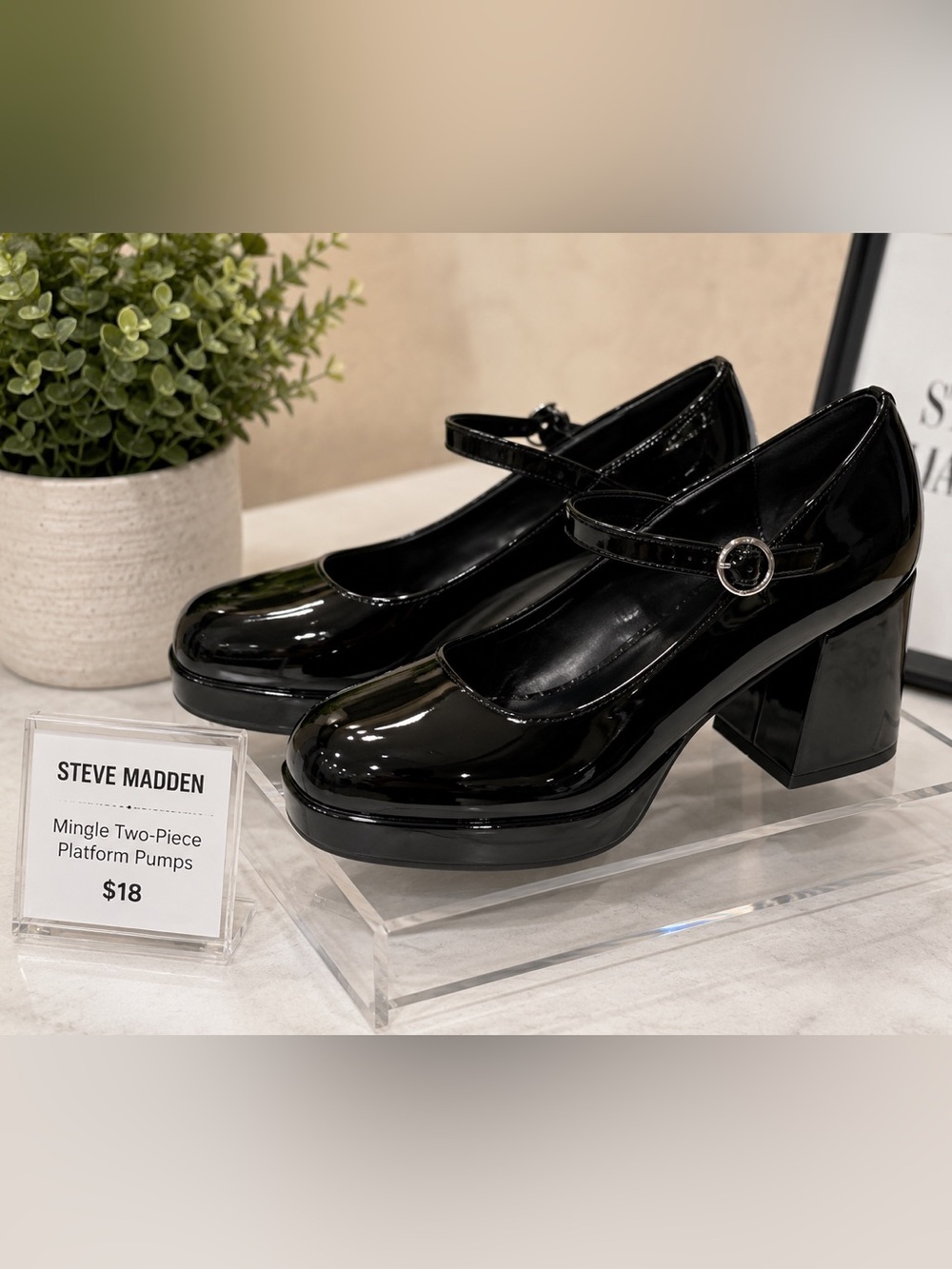 black patent platform shoes are the Steve Madden Mingle Two-Piece Platform Pumps